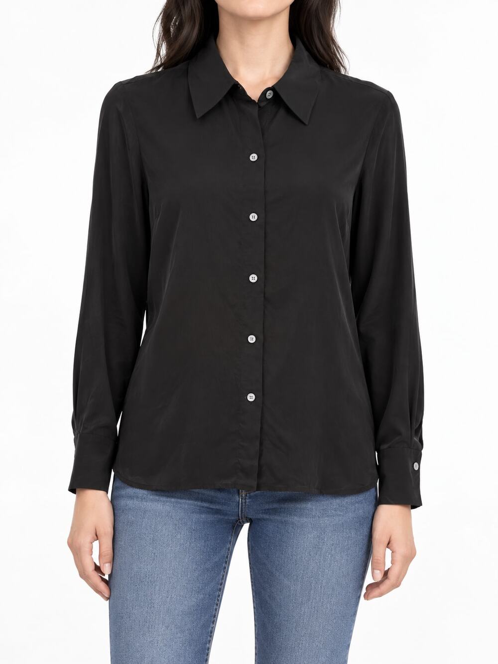 St. John Women's Black Collared Button-Front Cupro Long Sleeve Blouse XS Career